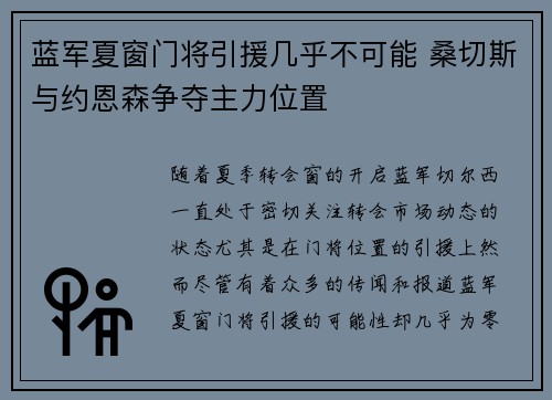 蓝军夏窗门将引援几乎不可能 桑切斯与约恩森争夺主力位置