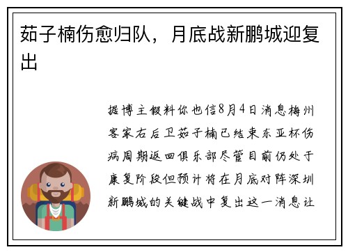 茹子楠伤愈归队，月底战新鹏城迎复出
